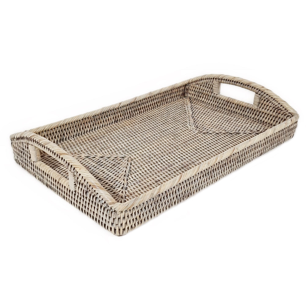 Grey rattan oblong morning tray by Sable Homeware, featuring a stylish and functional homeware tray with a grey finish.