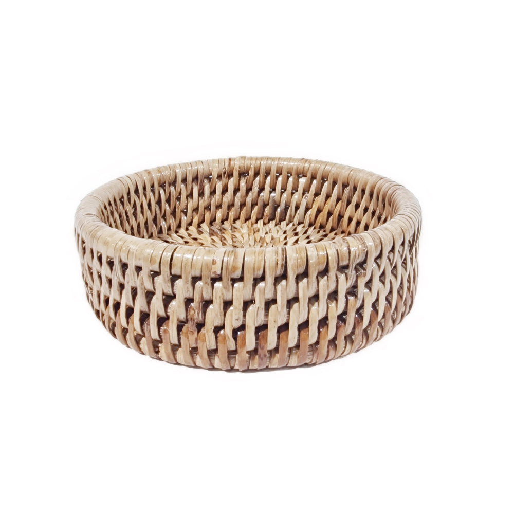 Gray and natural rattan wine bottle coaster by Sable Homeware, showcasing a woven design for protecting surfaces.