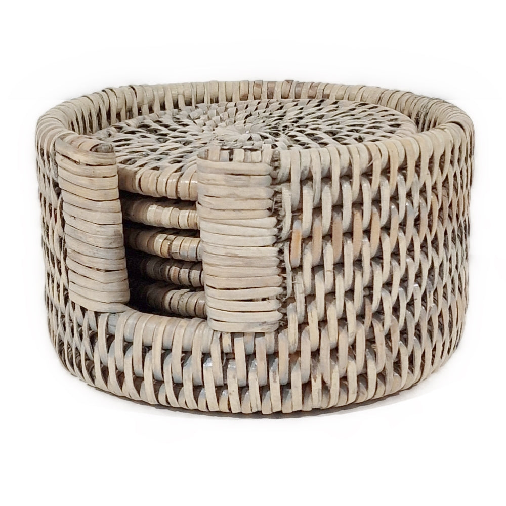 Six-piece grey and natural rattan coaster set with holder by Sable Homeware, round coasters for protecting surfaces.
