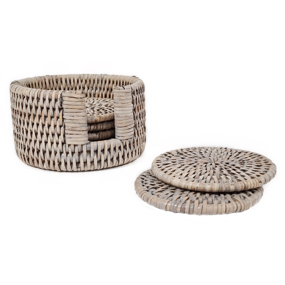 Six-piece set of grey and natural rattan coasters with a holder, designed by Sable Homeware for stylish beverage protection.
