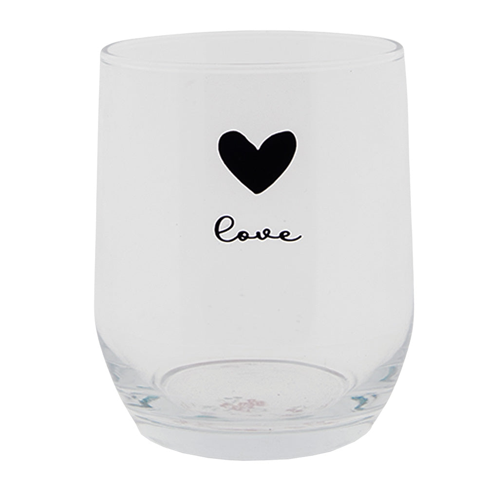 Sable Homeware glass heart mug, water glass, and carafe set, clear glass with heart-shaped design, perfect for beverages.