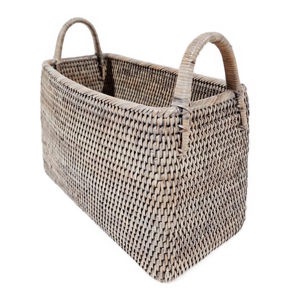 Grey rattan hold all storage basket with two arched handles, 35 x 20 x 25cm