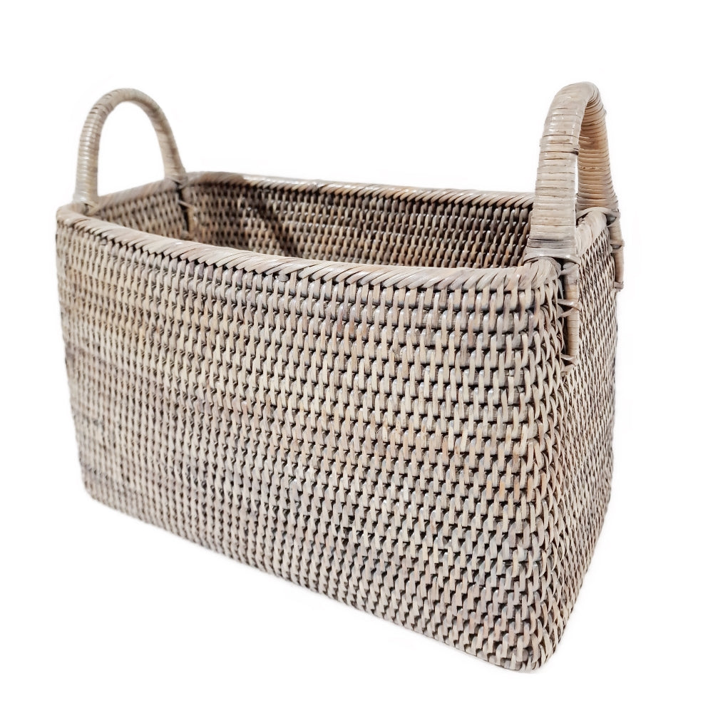 Small woven grey rattan basket with tall carry handles for throws, logs or magazines