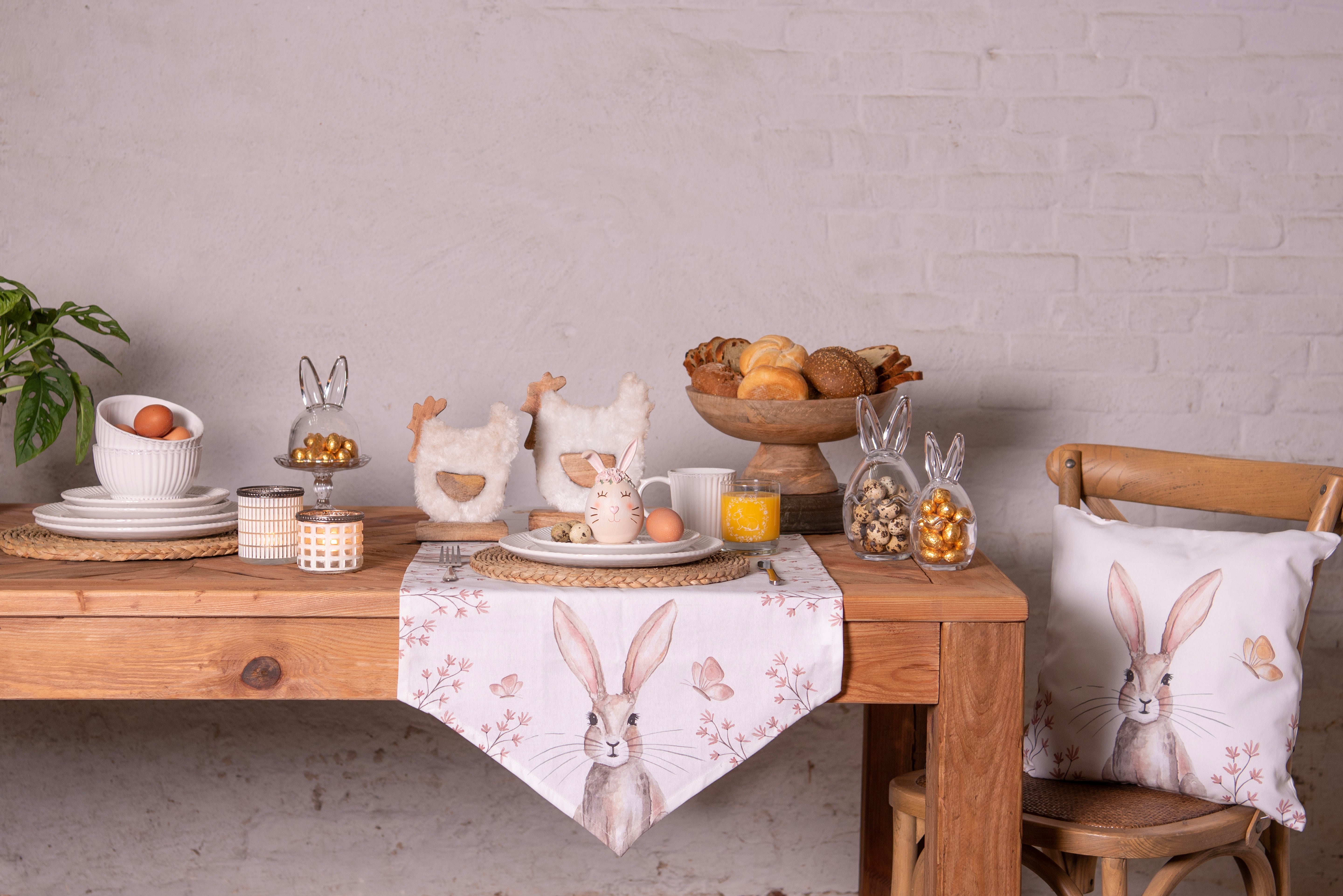 Sable Homeware Bunny table runner in two lengths, featuring a charming bunny pattern on a soft fabric tablecloth.