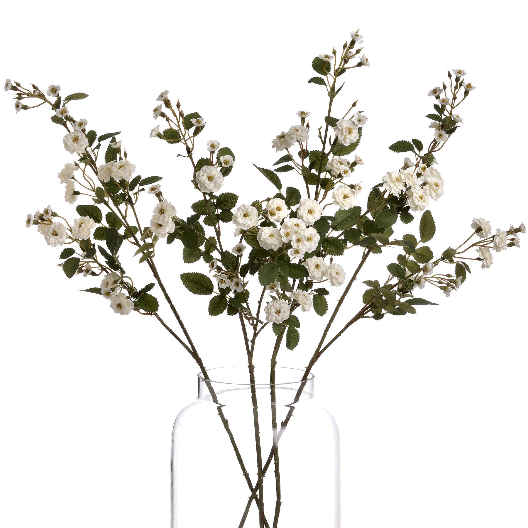 White Wild Meadow Rose faux flower branch by Sable Homeware, featuring realistic white rose and greenery for floral decor.