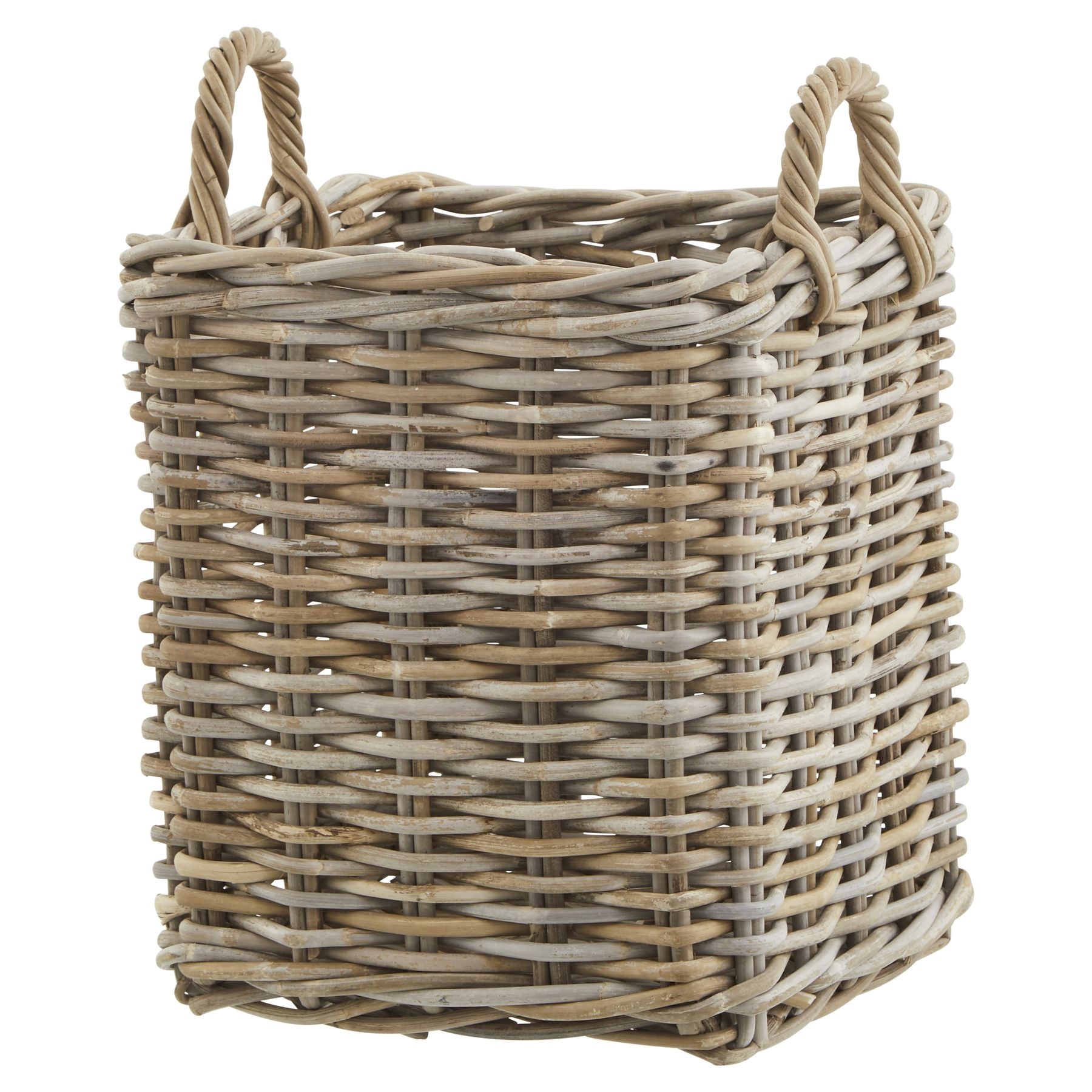 Rattan square wicker storage log baskets by Sable Homeware in three sizes, featuring woven design and sturdy handles.