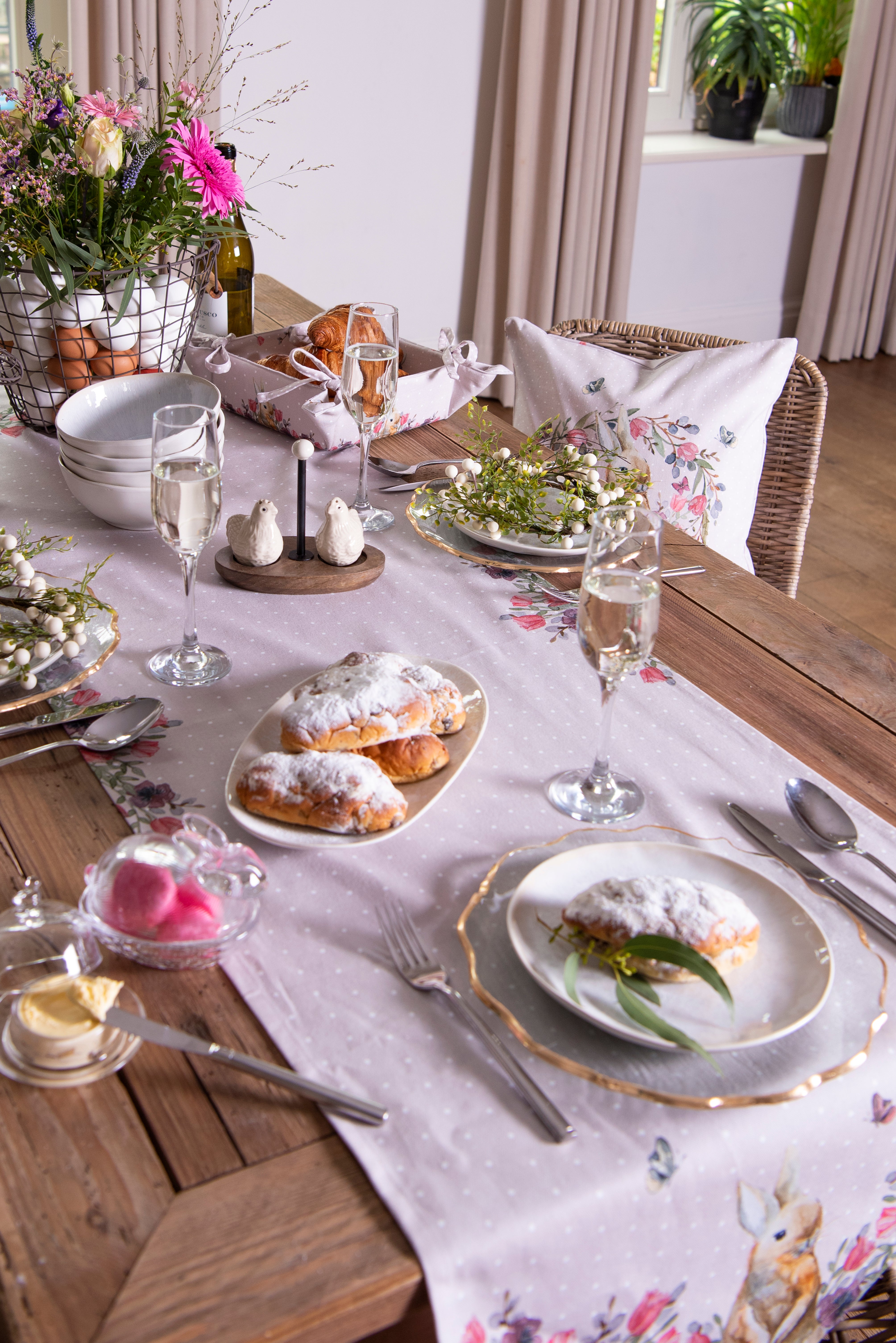 Sable Homeware Bunny Table Runners in two lengths, featuring charming bunny patterns on fabric tablecloths, for spring decor.