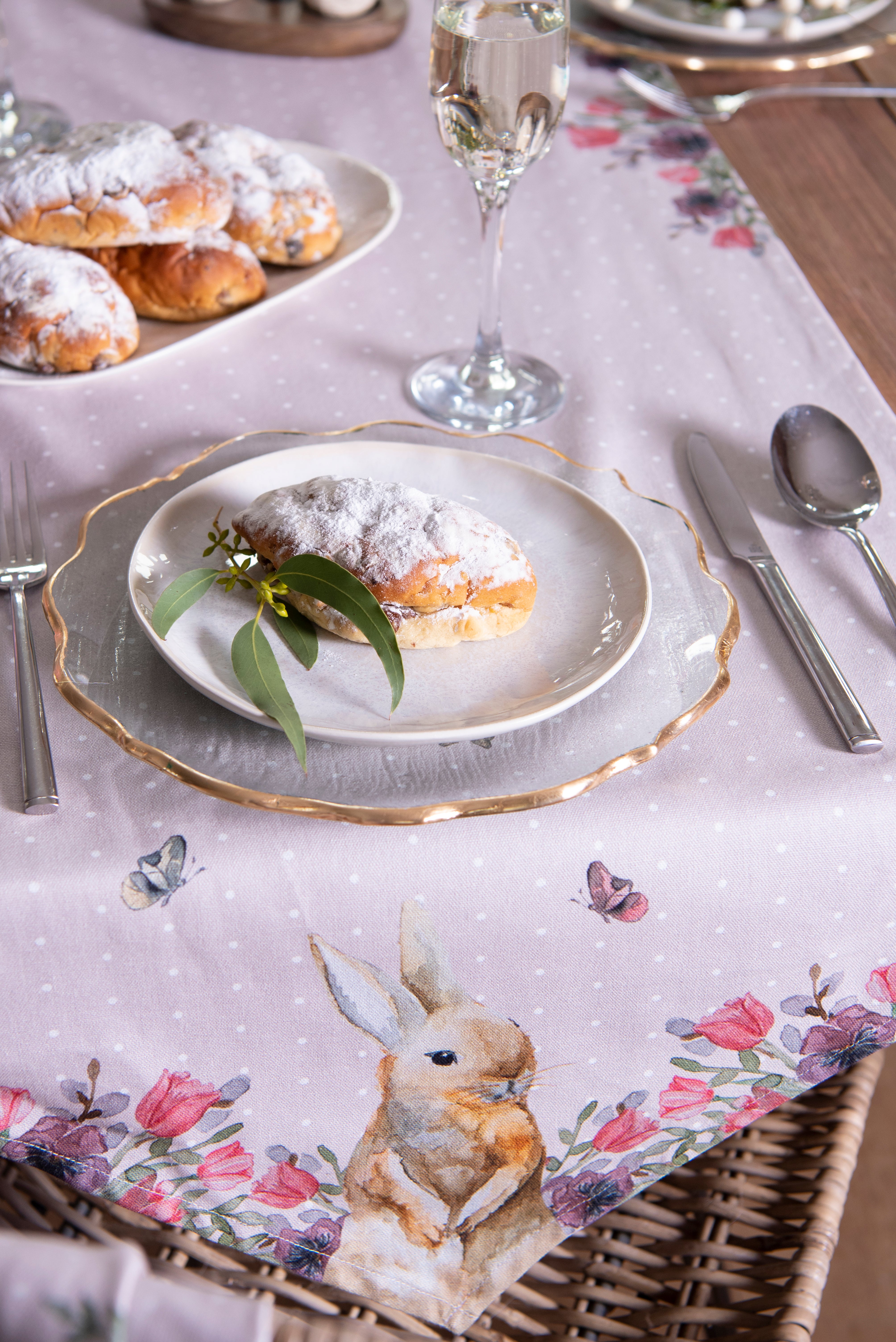 Sable Homeware Bunny Table Runner in two lengths, featuring a charming bunny pattern on a fabric tablecloth for spring or Easter decor.