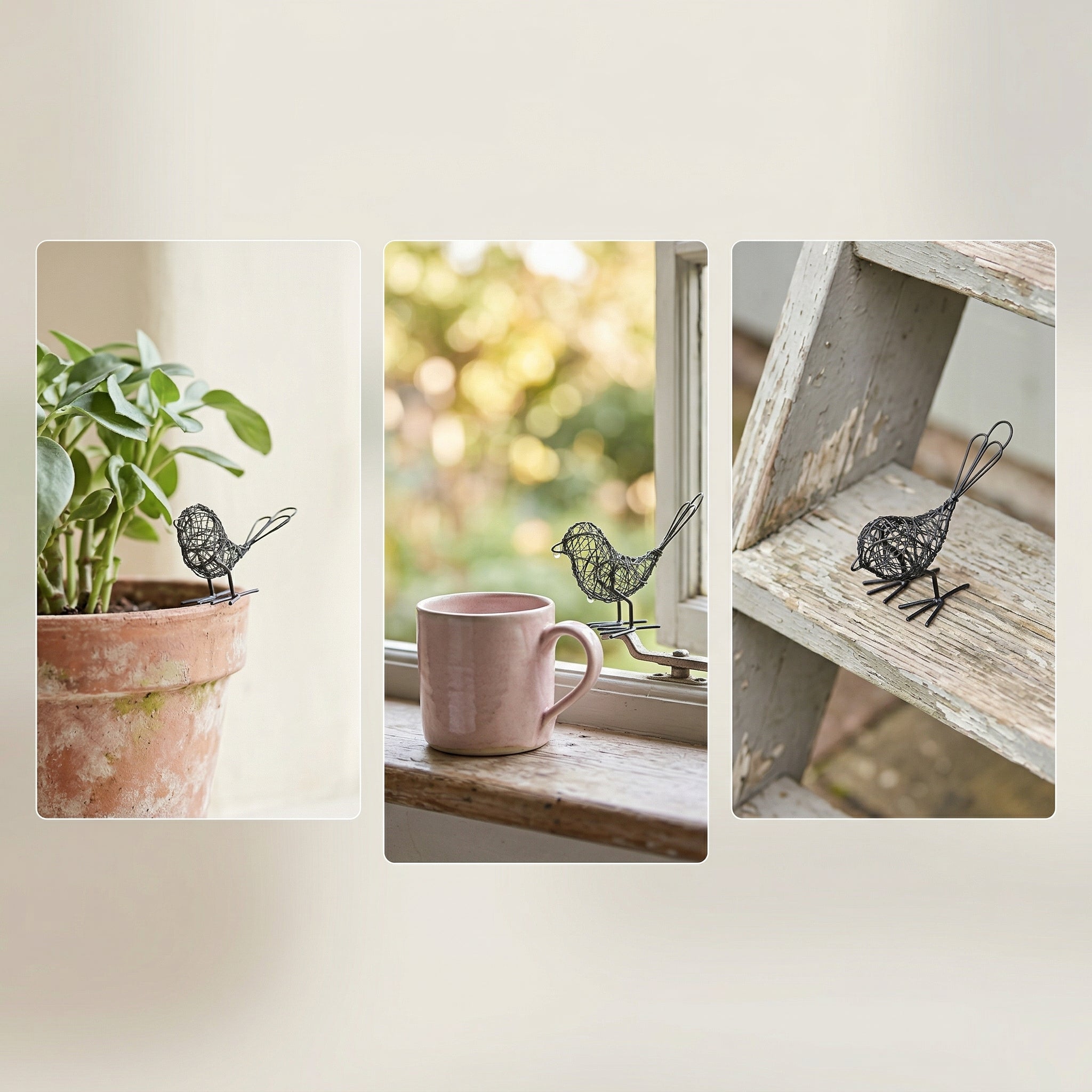 Set of three Sable Homeware mini wire bird garden ornaments, featuring intricate wire designs for outdoor decor.