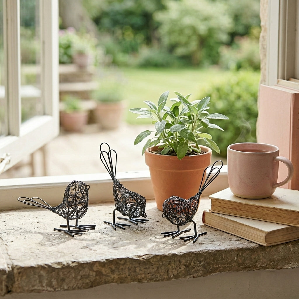 Set of three Sable Homeware mini wire bird garden ornaments with intricate wire detailing and perched design.