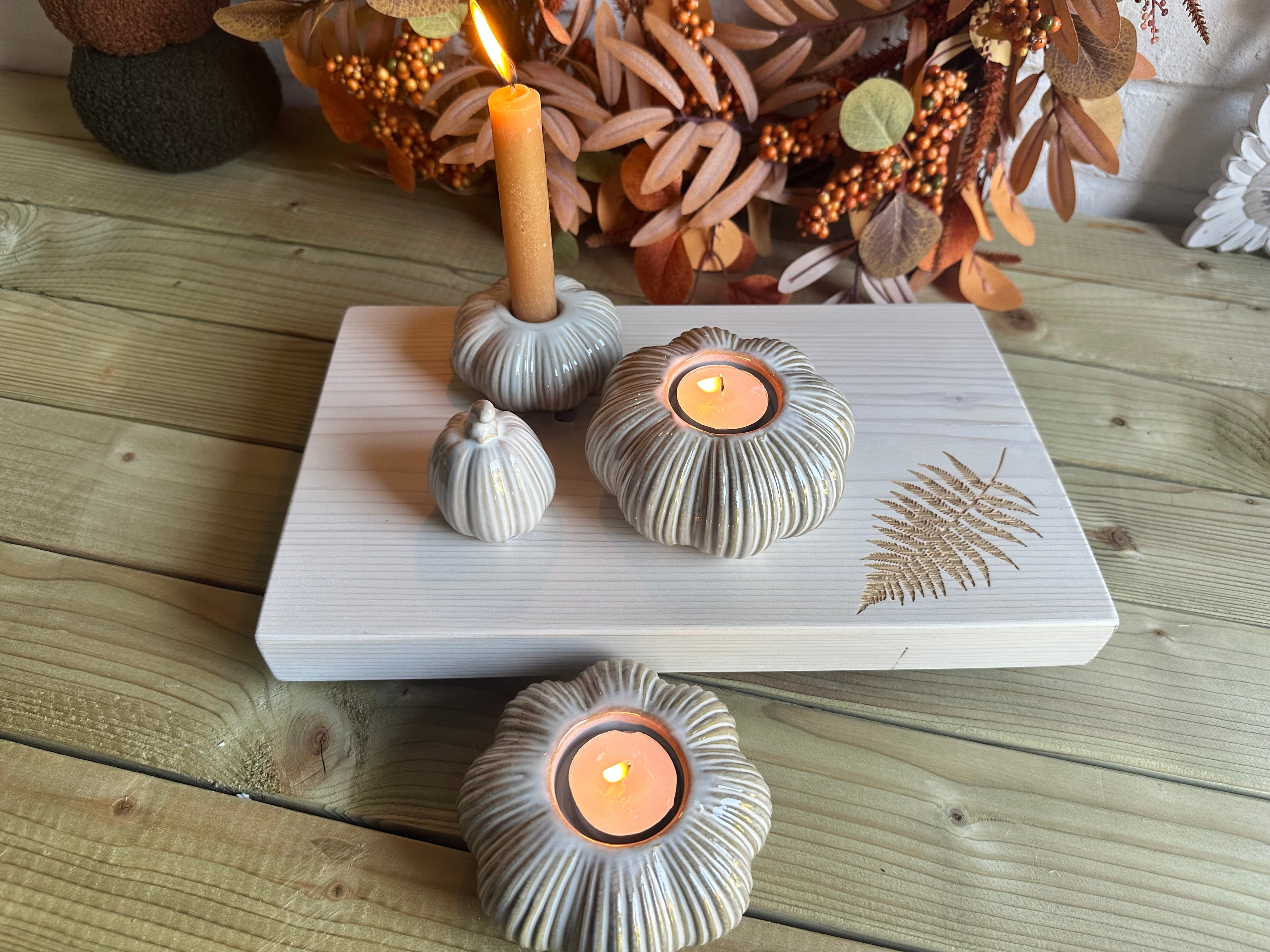 White pumpkin candle holder by Sable Homeware, featuring a decorative ceramic design suitable for autumn decor.