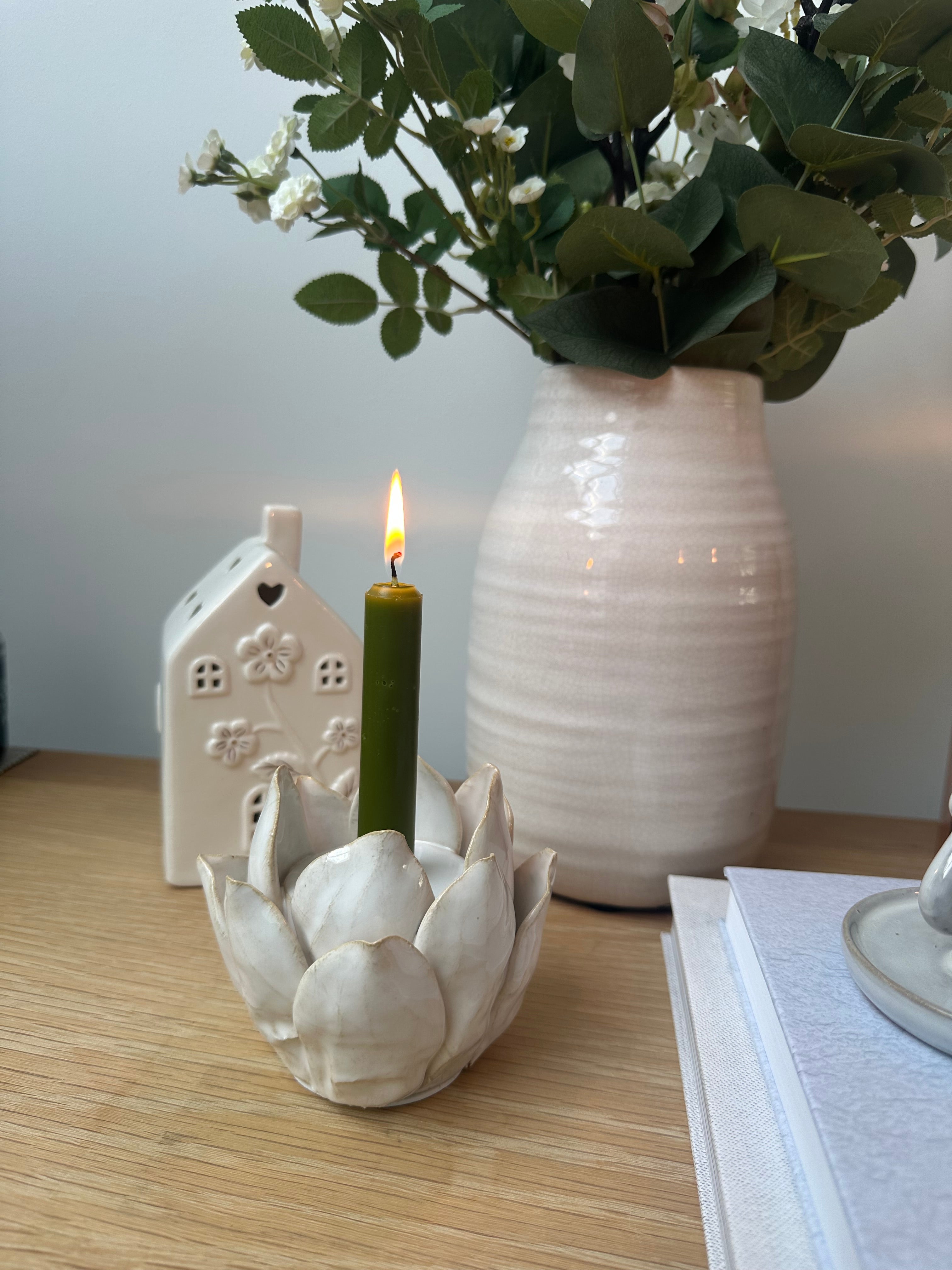 White Petal Candle Holder by Sable Homeware, elegant ceramic candle holder with petal-shaped design for decorative lighting.
