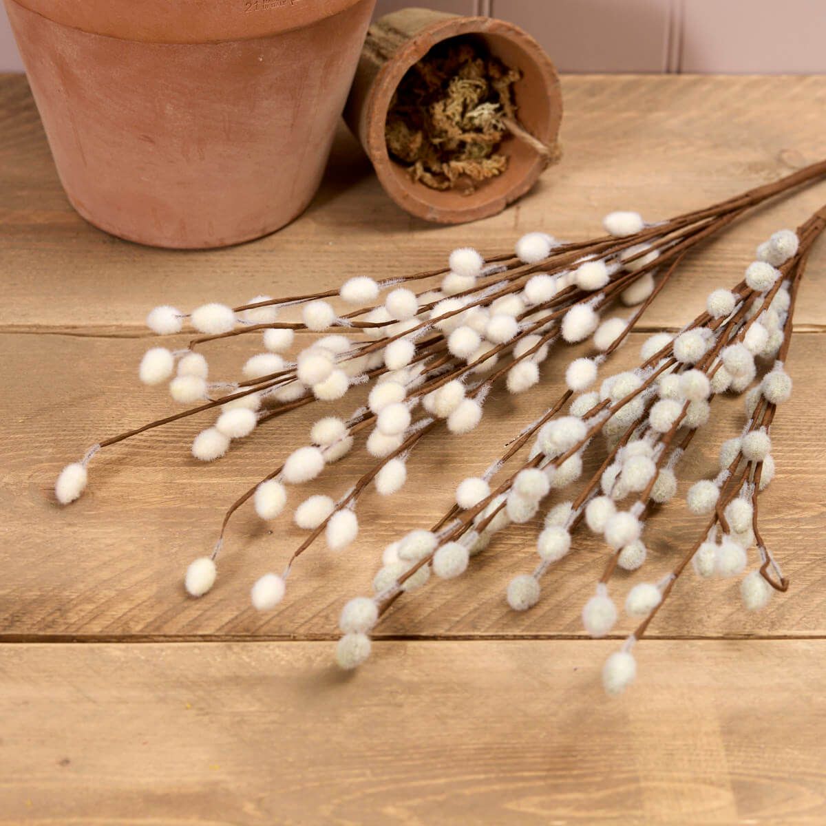 Faux pussy willow branch with realistic grey catkins and slender twigs by Sable Homeware