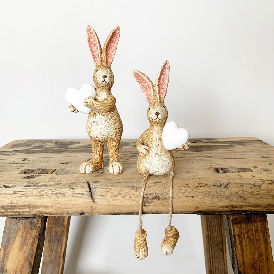 Shabbyquins Jasper Rabbit Ornament with white heart, sitting or standing, detailed ceramic figurine for home decor.