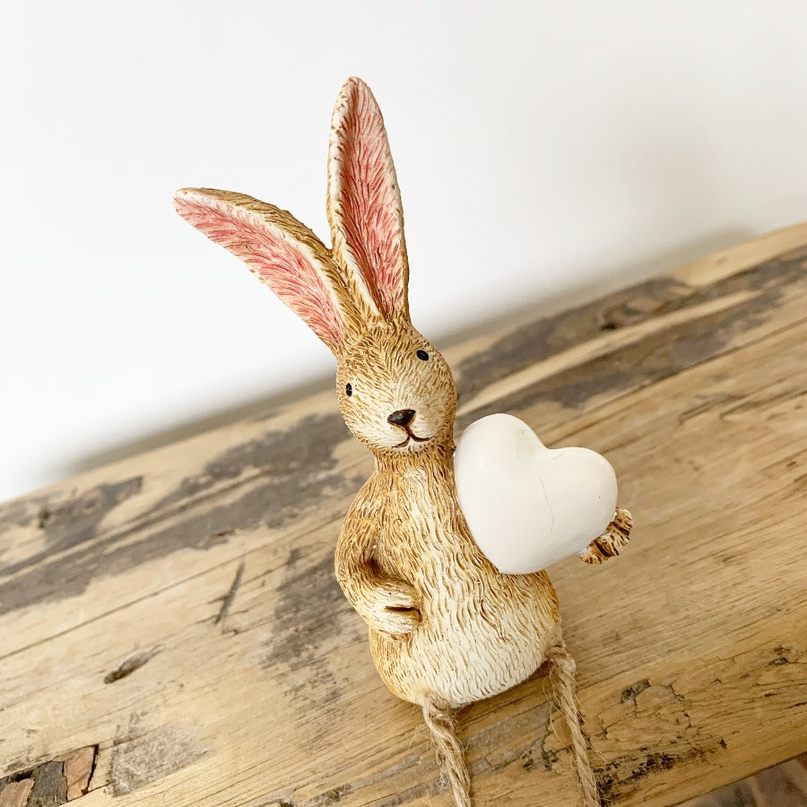 Shabbyquins Jasper Rabbit Ornament with White Heart, sitting or standing ceramic figurine for decorative display.