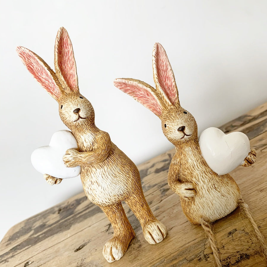 Shabbyquins Jasper rabbit ornament with white heart, sitting or standing, detailed ceramic figurine for decorative display