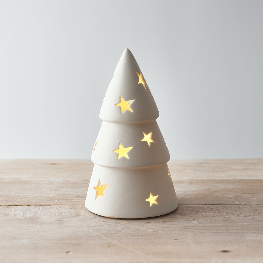Set of 3 white light-up Christmas trees by Shabbyquins, decorated with twinkling LED lights for festive holiday decor.
