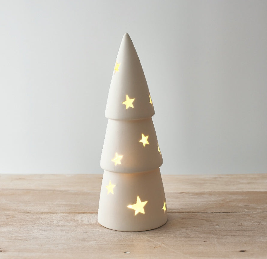 Set of three white light-up Christmas trees by Shabbyquins, decorative holiday trees with illuminated accents.