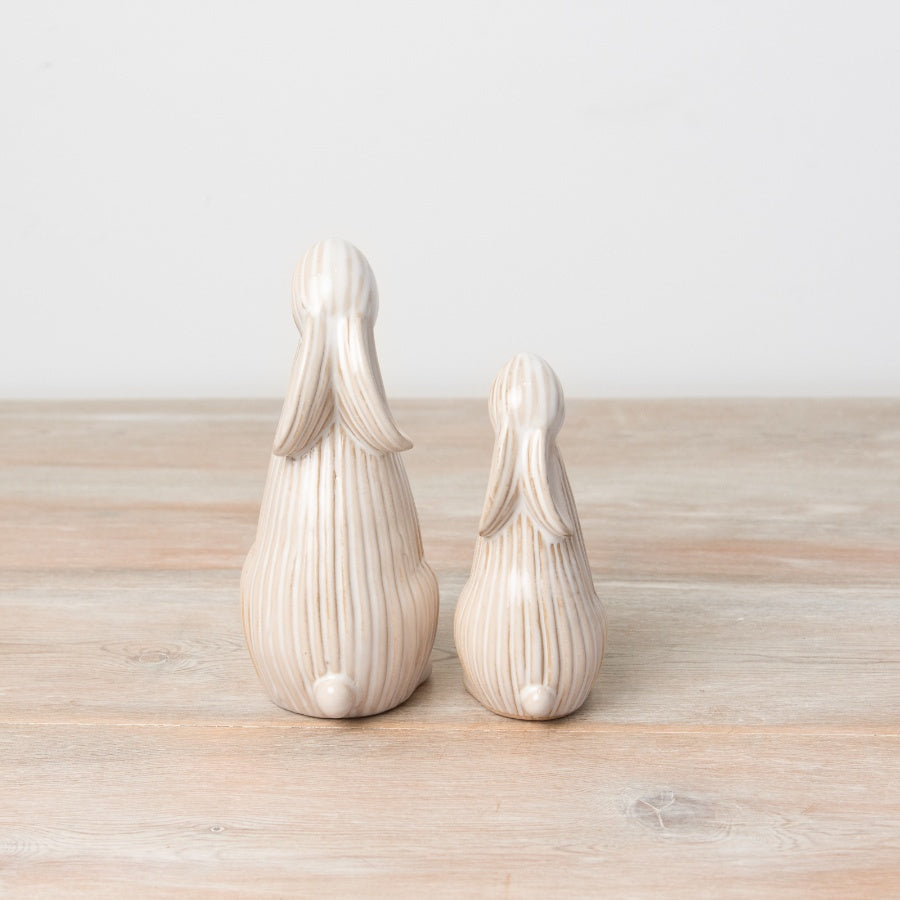 Set of 2 ribbed Easter Bunny ornaments from Sable Homeware, featuring textured design and soft pastel colors.