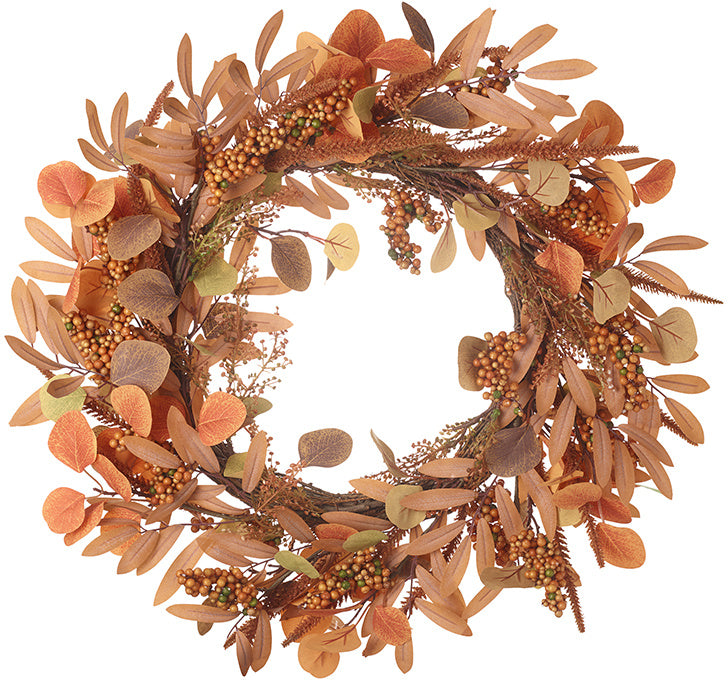 Large russet autumn wreath with orange and brown foliage, natural pinecones, and berries, perfect for fall decor by Shabbyquins.