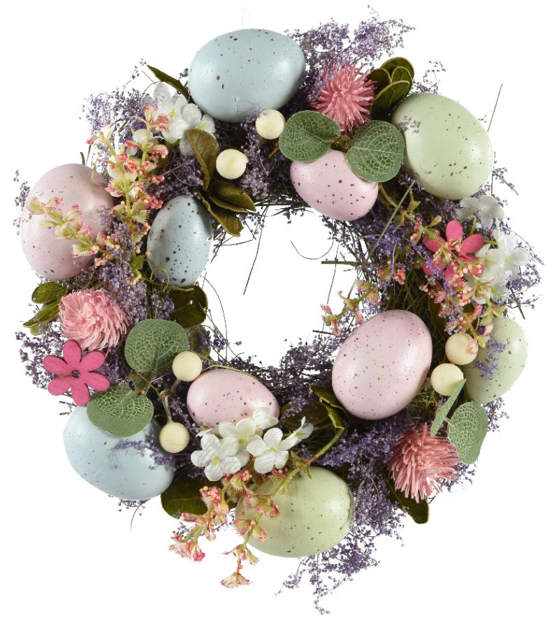 Shabbyquins Easter Egg and flower wreath wall decoration with pastel-colored eggs and blooms for spring decor.