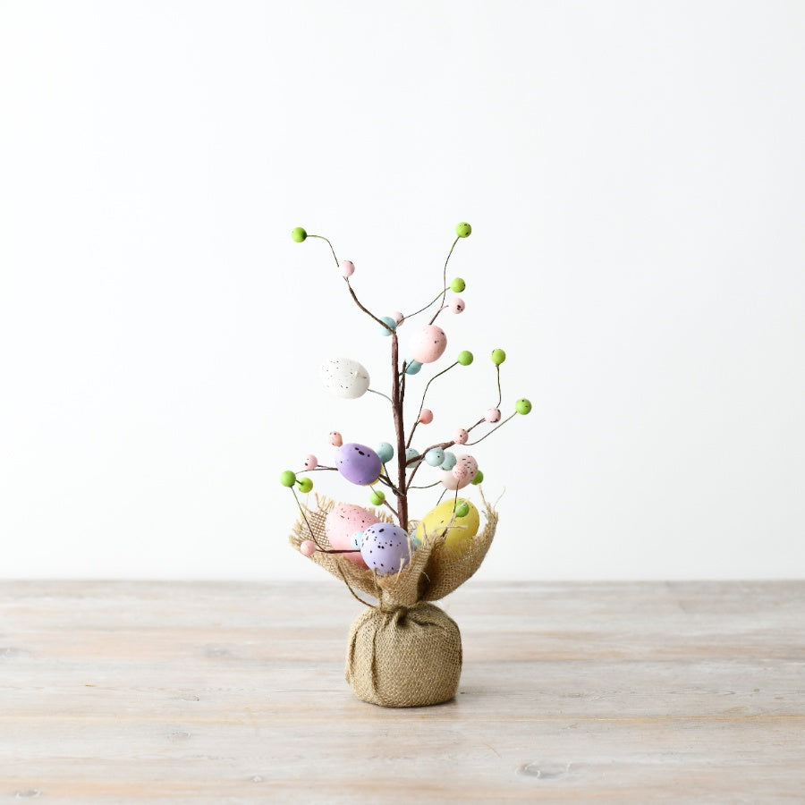 Shabbyquins Spring Pastels Artificial Easter Egg Tree ornament with pastel-colored eggs on a decorative tree display.