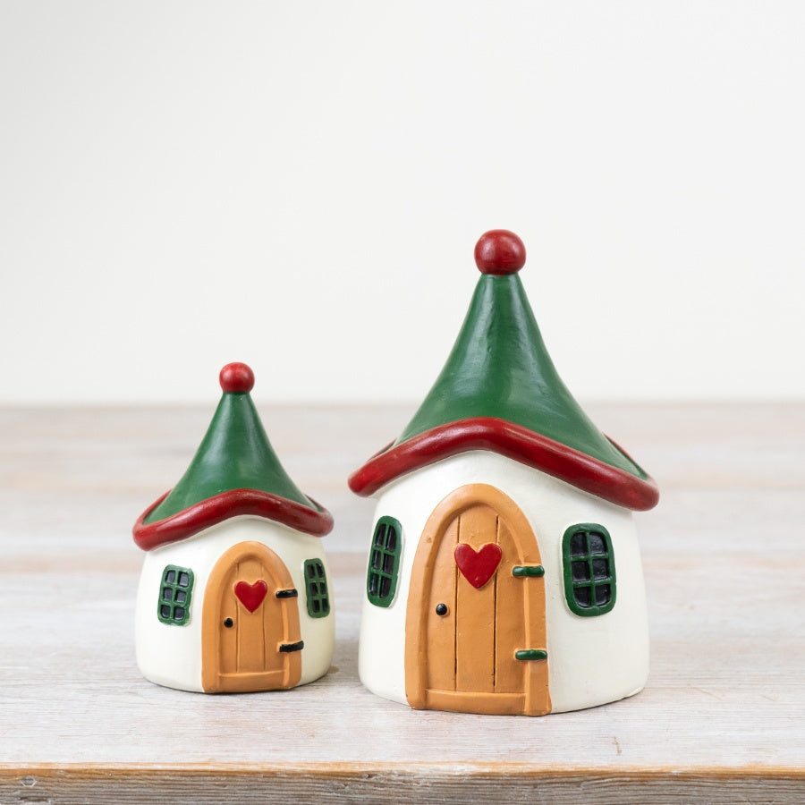 Shabbyquins Christmas Elf House ornament in two sizes, detailed festive elf house decoration for holiday decor.