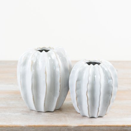 White ceramic pod vase by Sable Homeware, shown in two sizes, with smooth rounded shape and minimalist design.