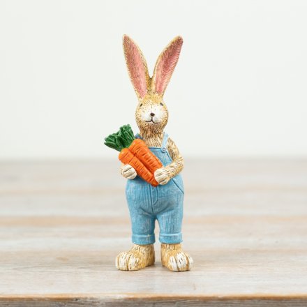 Shabbyquins Jasper Rabbit ornament in dunagarees holding carrots, detailed ceramic figurine for decorative display.