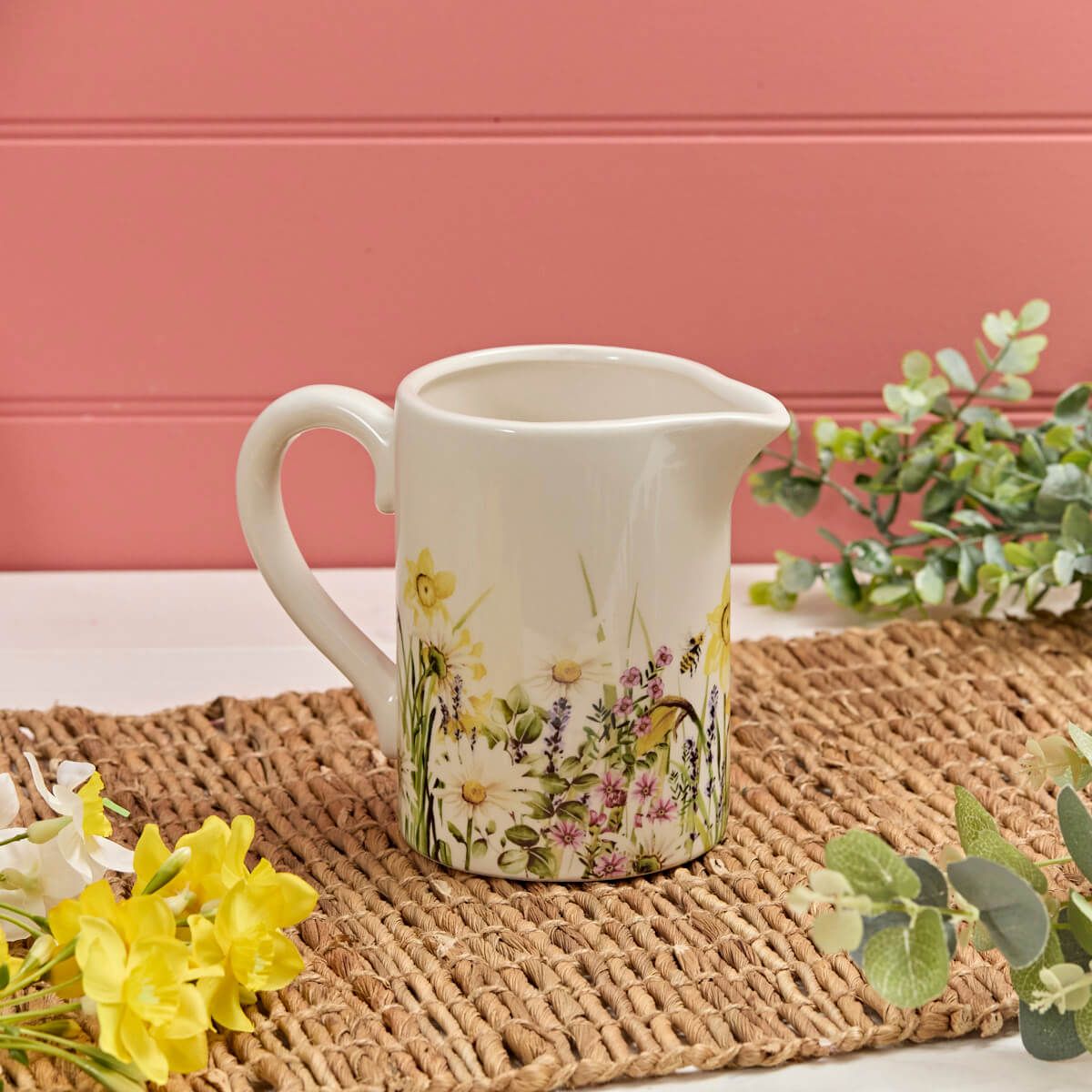 Shabbyquins Flowers & Bee Ceramic Vase and Mug set featuring floral and bee designs, perfect for home decor or display.