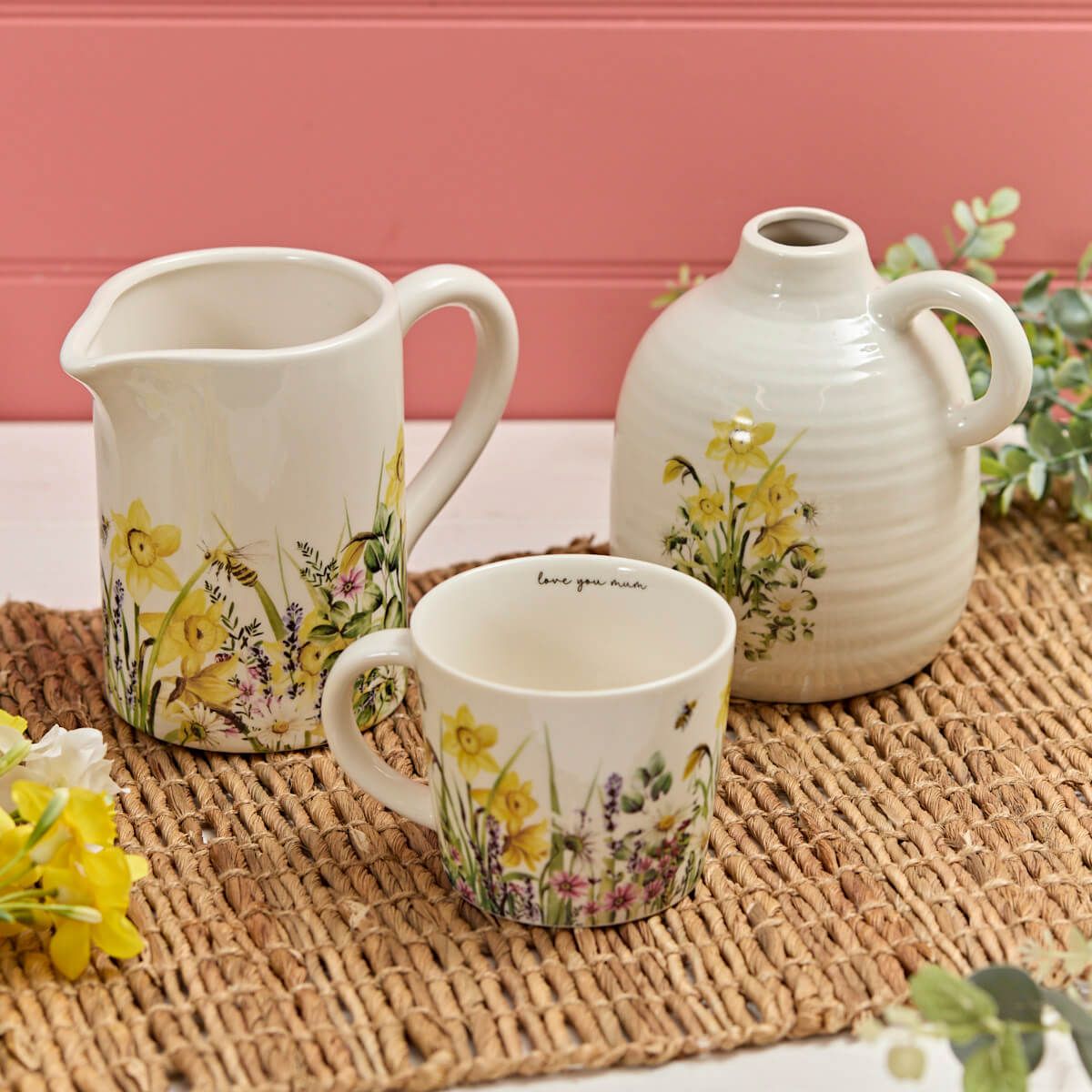 Shabbyquins ceramic vase and mug set featuring floral and bee designs, perfect for decorative or functional use.