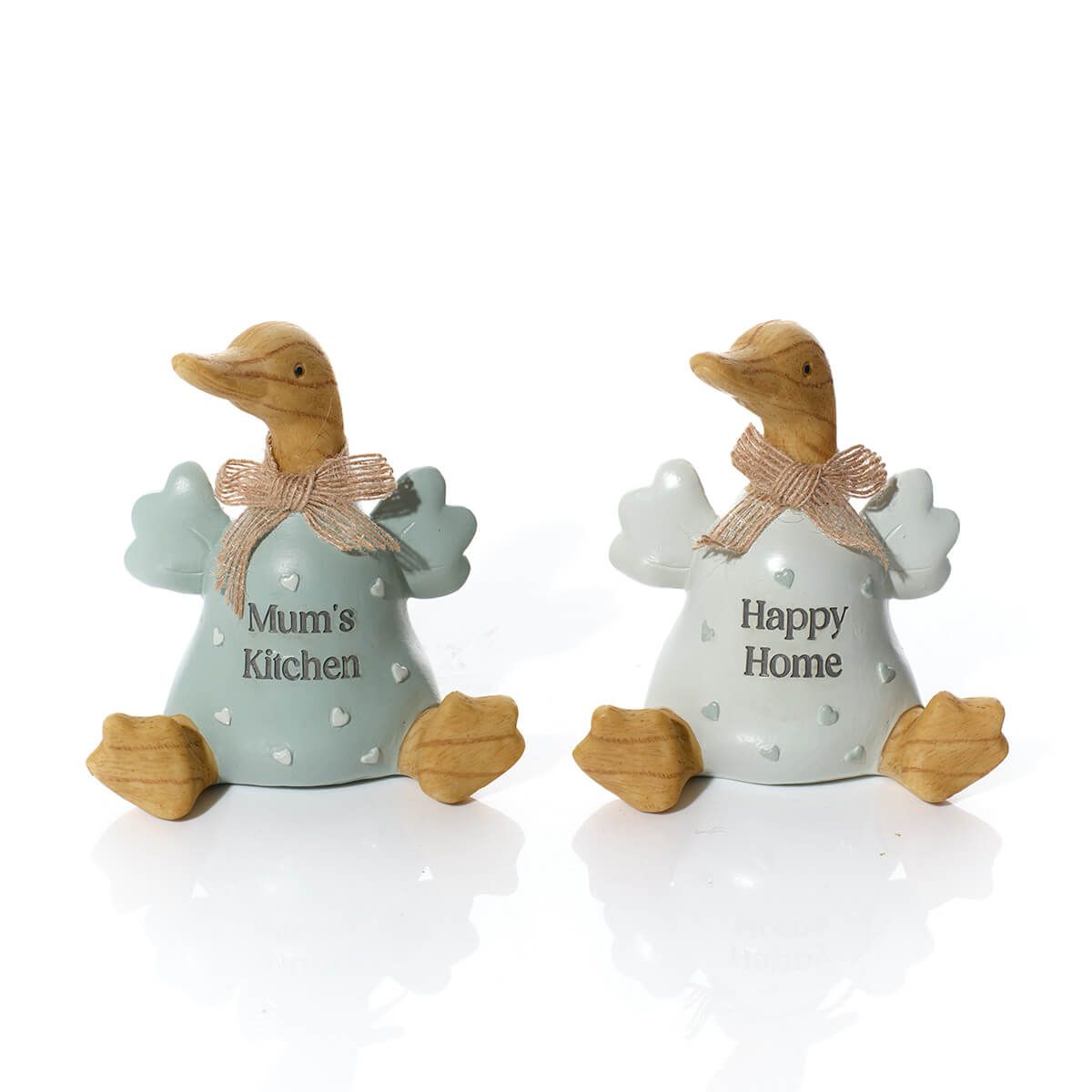 Decorative embossed ornaments featuring happy home and mum's kitchen ducks from Sable Homeware, ideal for home decor.