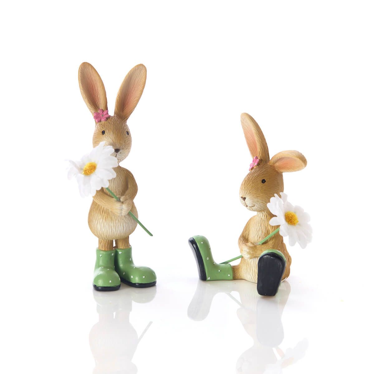 Set of 2 resin bunny ornaments with painted flowers, decorative shabbyquins bunny figurines for home decor.