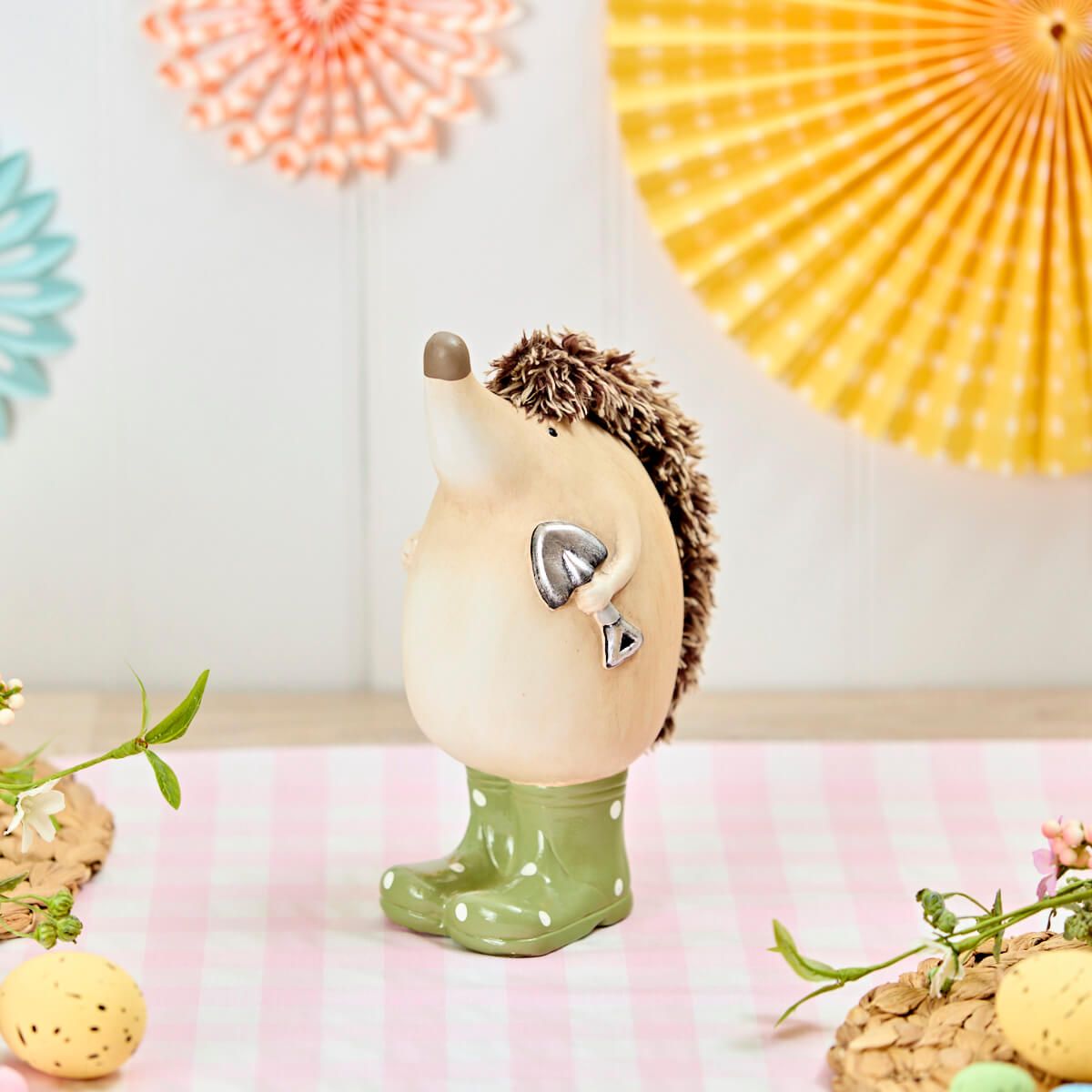 Cute hedgehog ornaments in colorful wellies, crafted by Shabbyquins, displayed as charming decorative figurines.