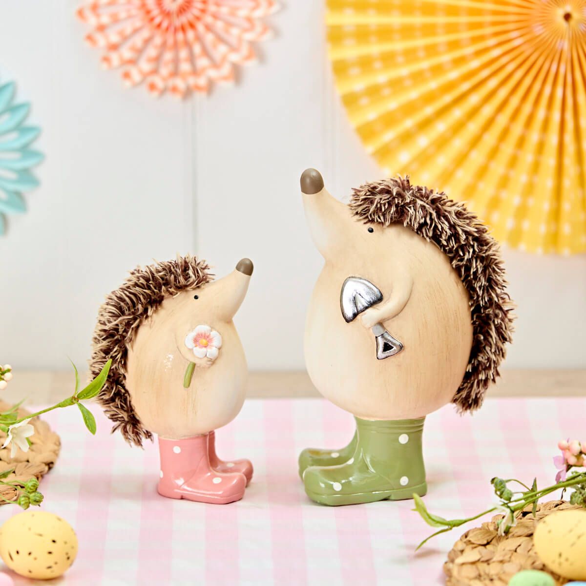 Shabbyquins Hedgehogs in Wellies ornament featuring cute hedgehogs wearing colorful rain boots, perfect for garden decor.