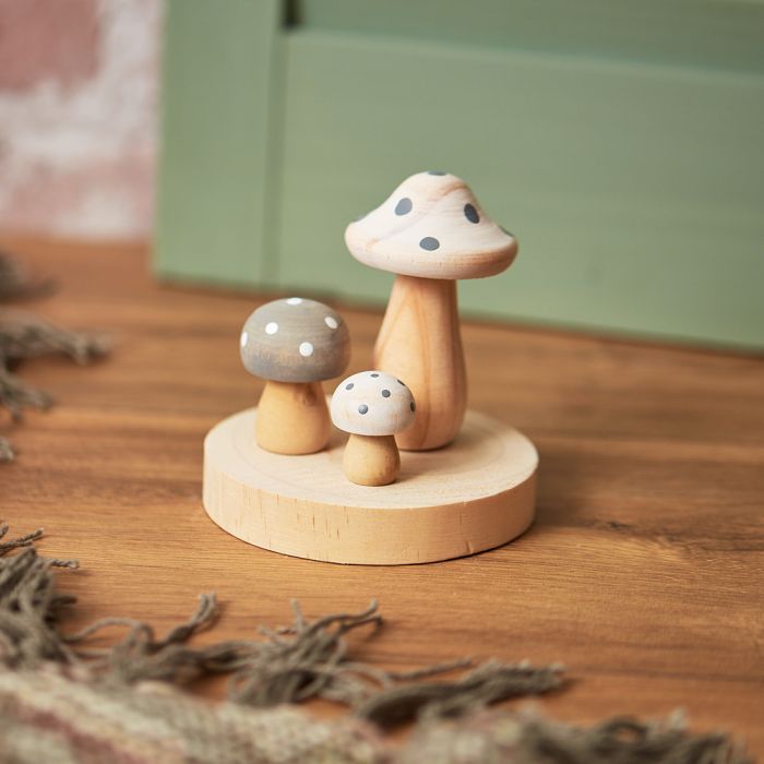 Spotty mushroom wooden ornament by Sable Homeware, featuring a whimsical spotted mushroom design on a natural wood block.