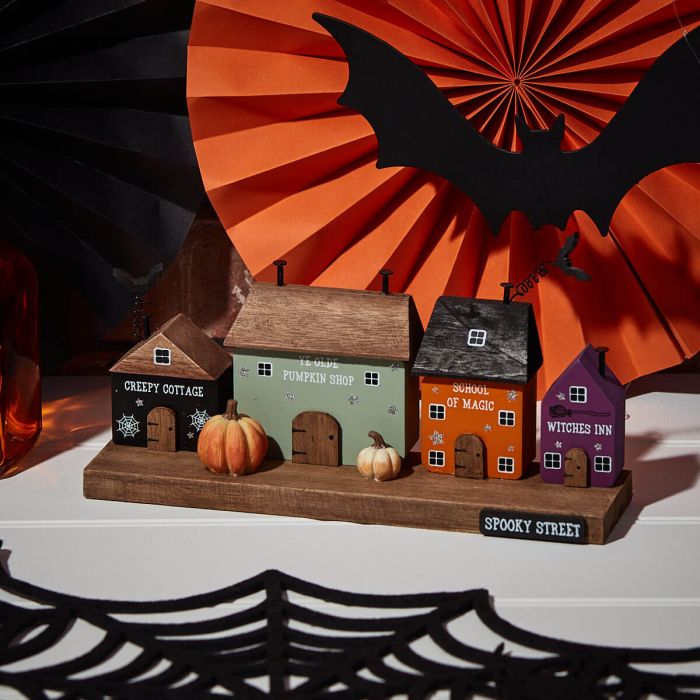 Sable Homeware spooky street wooden Halloween ornament with carved spooky house and ghost design, for seasonal decor.