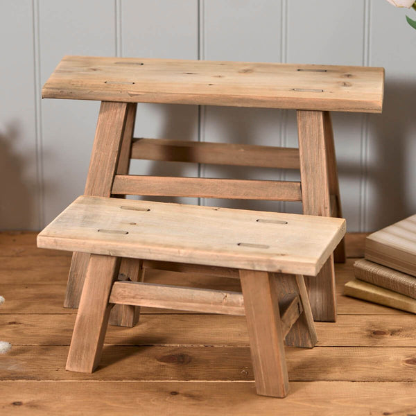 Recycled wood ornamental styling stool by Sable Homeware in two sizes, featuring natural wood grain and unique handcrafted design.