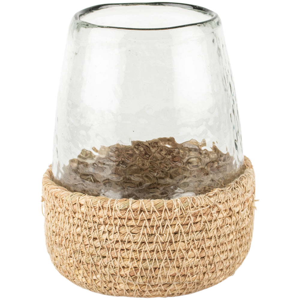 Hammered glass tea light candle holder in jute basket by Sable Homeware, showcasing a rustic, textured design.