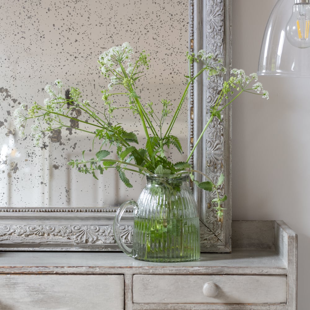 Ribbed glass jug by Sable Homeware, featuring a clear, textured design perfect for serving beverages in style.