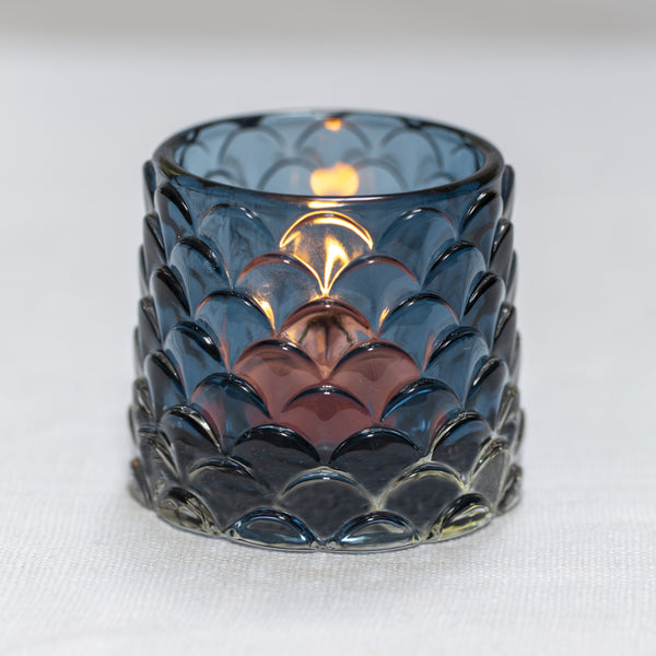 Set of three Pontus blue candle holders by Sable Homeware, elegant glass tea light holders for decorative lighting.