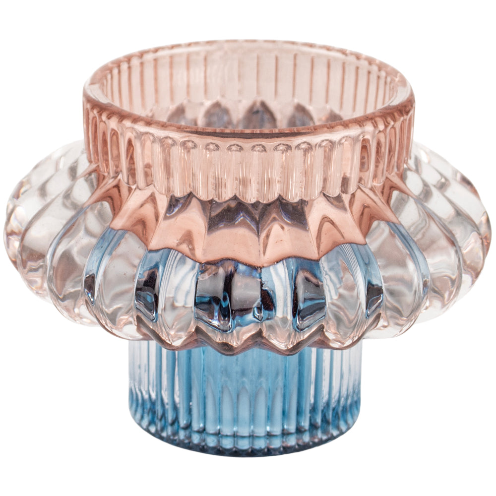 Large glass candleholder by Sable Homeware with pink and blue duo design, perfect for decorative tabletop lighting.