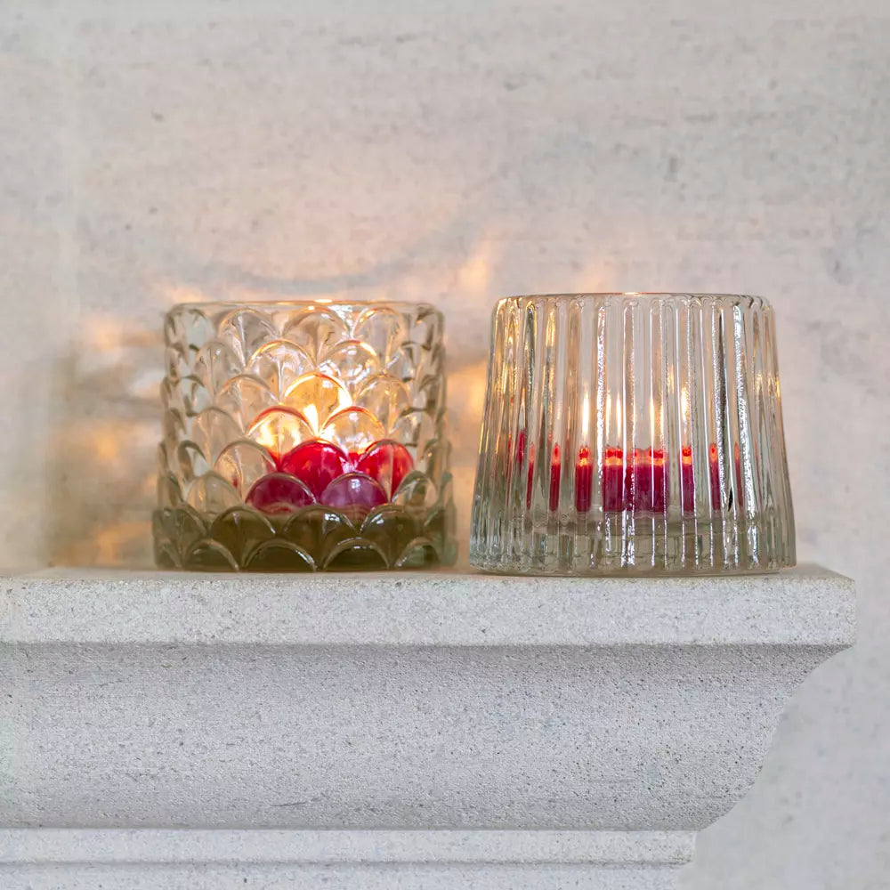 Clear tea light holder with two different designs by Sable Homeware, perfect for ambient candlelight decor.