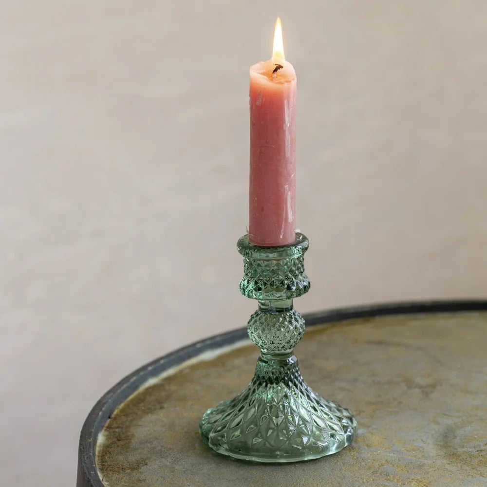 Colorful glass Harlequin candle holder by Sable Homeware featuring a decorative, geometric design for elegant tabletop display.