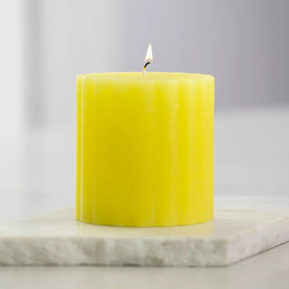 Rustic scalloped lemon pillar candle from Sable Homeware featuring a textured, natural design for cozy home decor.