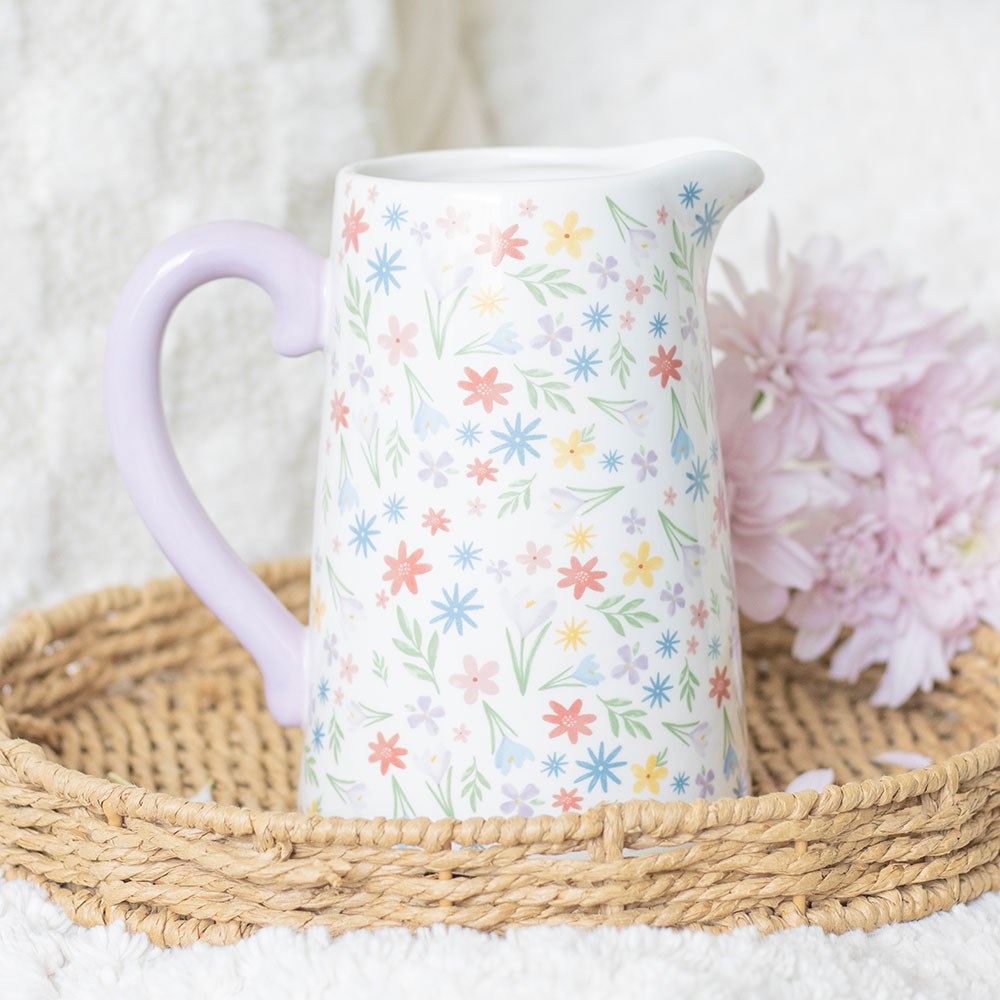 Sable Homeware floral print spring jug with colorful flower design and curved handle on a white background.