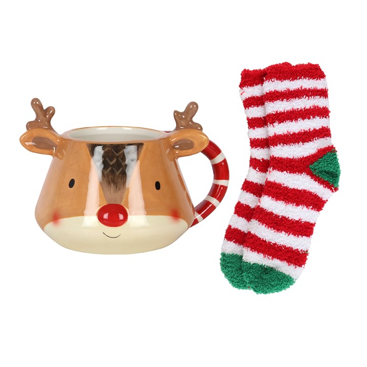 Shabbyquins mug and socks gift set featuring three cute designs, with a cozy ceramic mug and matching colorful socks.