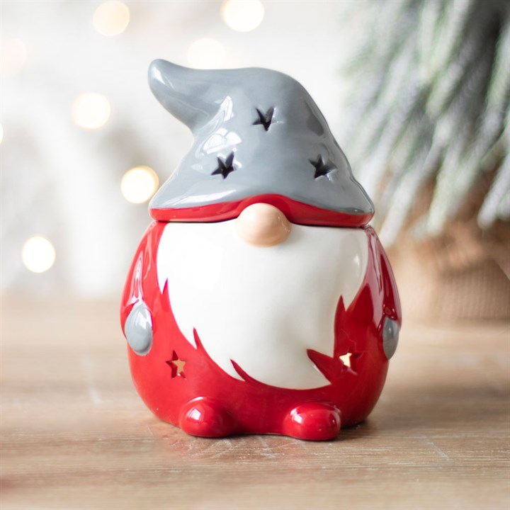 Red and grey Gonk wax oil burner by Sable Homeware, featuring a decorative Gonk figure designed for aromatic oil use.