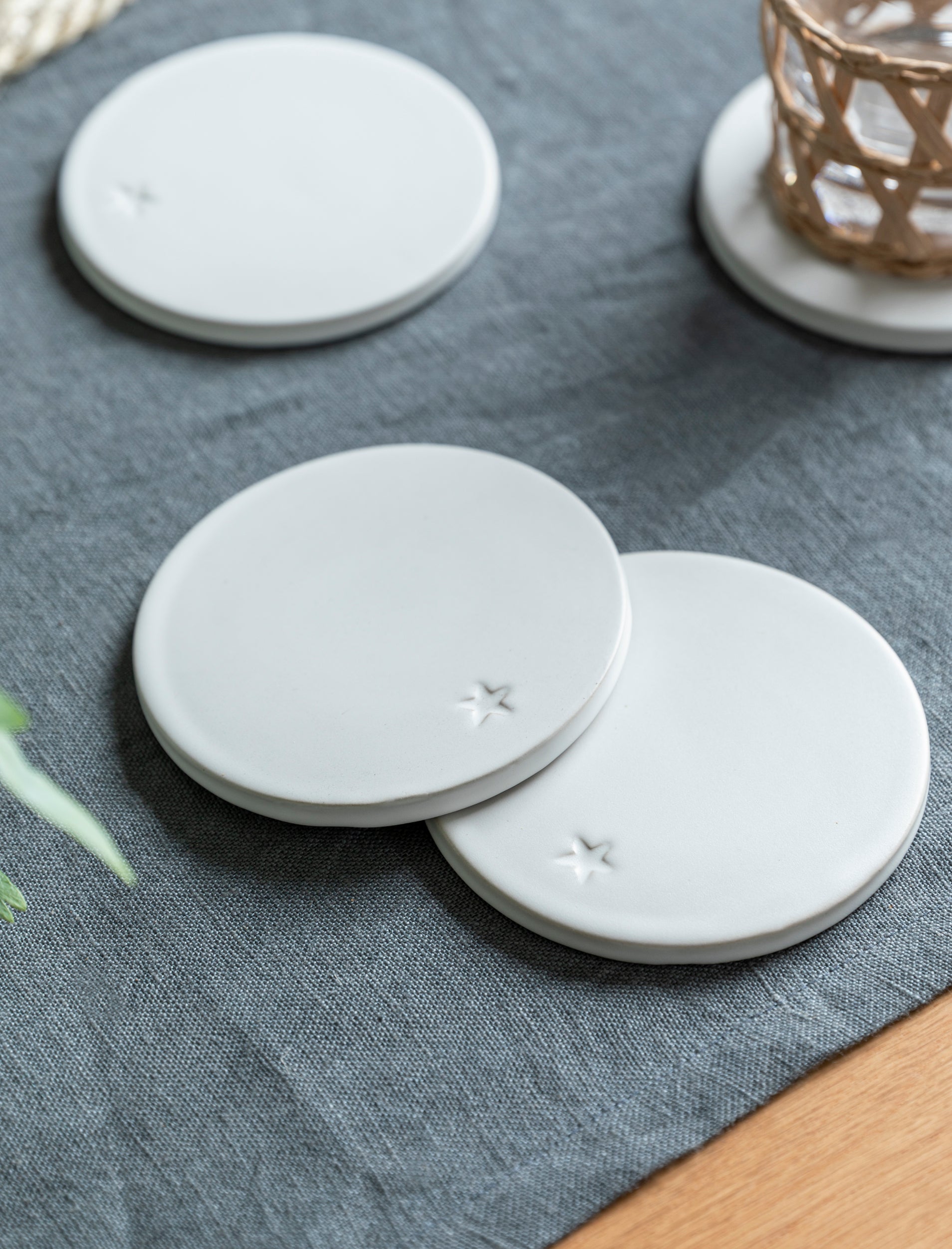 Round White Ceramic Coasters with Star, Set of 4