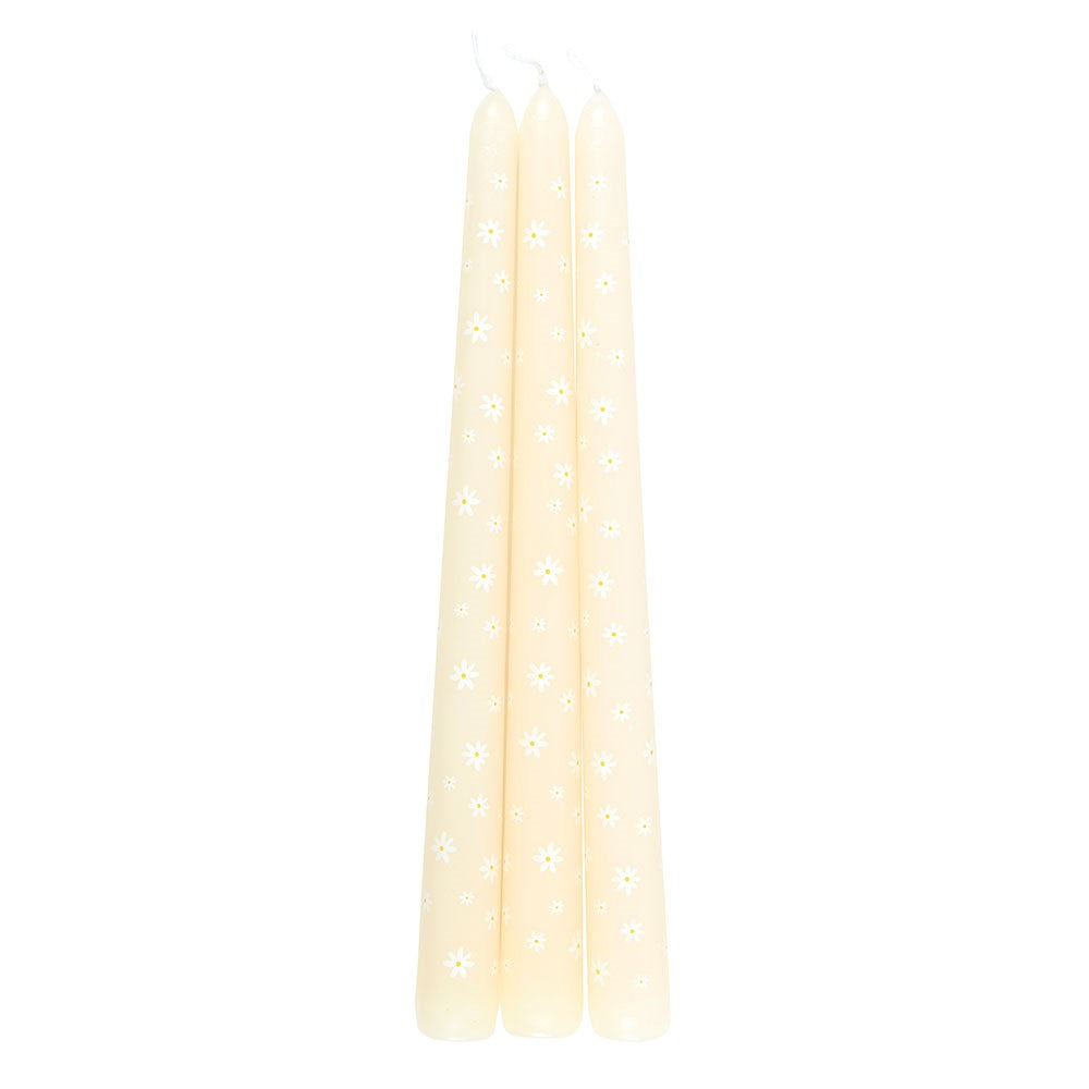 Set of three Carrot Patch Daisy print taper candles by Sable Homeware, featuring vibrant floral designs for decorative lighting.